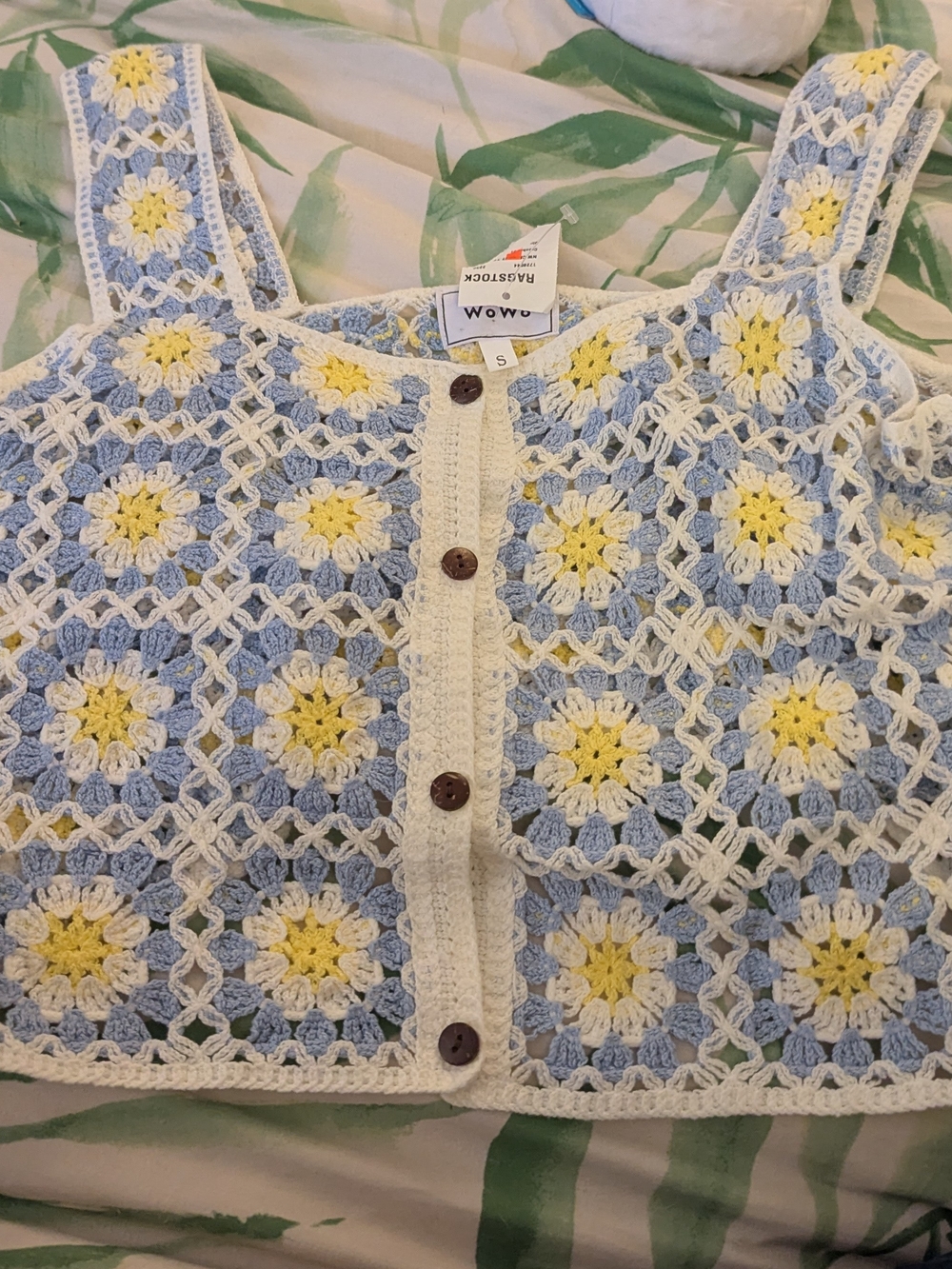 Woven Crochet Floral Button-Front Camisole - Pastel Blue & Yellow